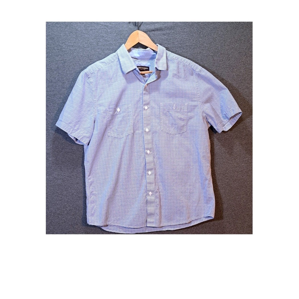 Johnson & Murphy Men's Gingham Seersucker Blue Shirt Short Sleeve Coastal Prep L